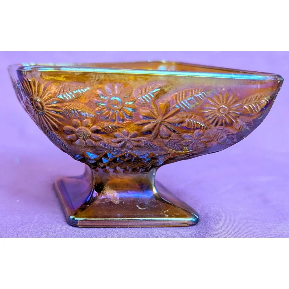 Indiana Carnival Glass Diamond Shaped Pedestal Dish Amber Iridescent Vintage